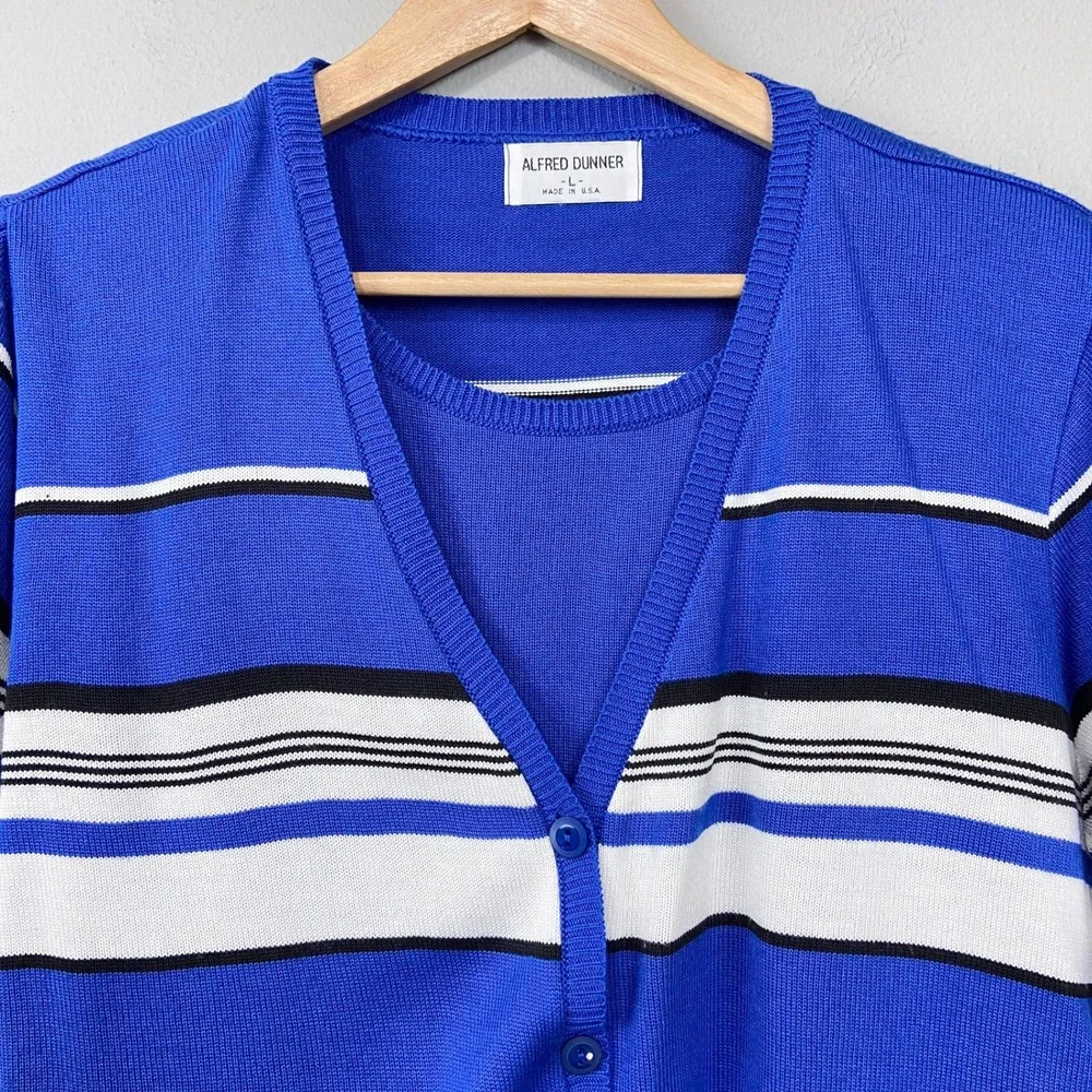 Vintage Alfred Dunner Twofer Cardigan Sweater Set Size L‎ Striped Blue Attached